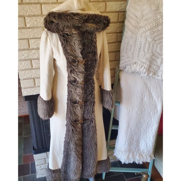 Authentic Original Vintage Style Jackets & Blazers - Vintage 1960's Canvas/Faux Fur Trimmed Hooded Mid Length Fit & Flare Coat XS/S
